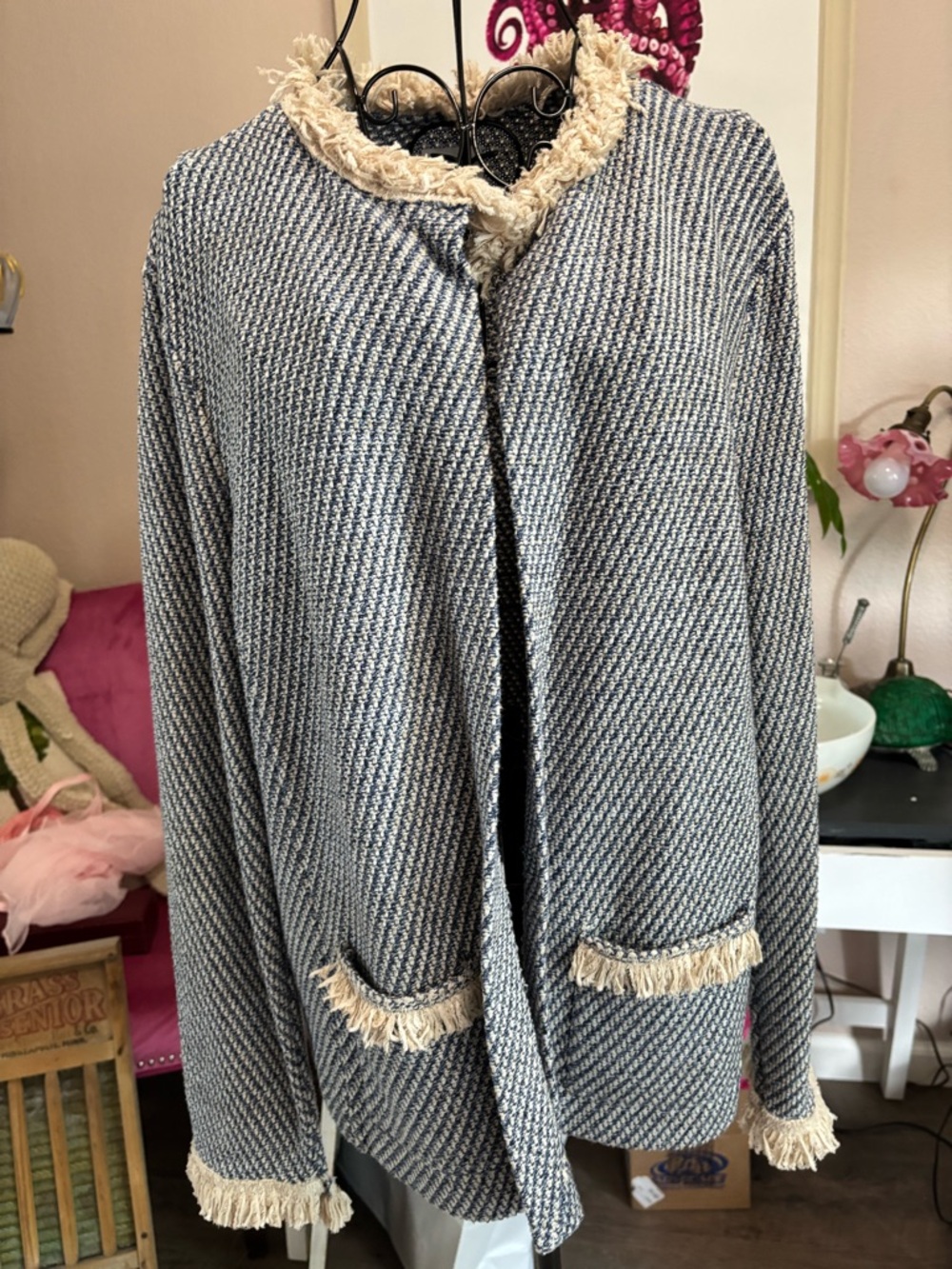 NIC+ZOE Navy and Cream Fringe Trim Open Cardigan